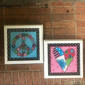 Set of 2 Framed Prints by Susan Kline Patchwork Heart & Peace Flowers 12” x 12”